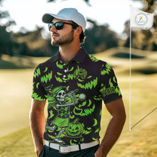 Load image into Gallery viewer, Green and Black Halloween Pattern Funny Skull Golf polo shirt for men Custom Halloween Mens golf top NQS10662