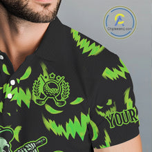 Load image into Gallery viewer, Green and Black Halloween Pattern Funny Skull Golf polo shirt for men Custom Halloween Mens golf top NQS10662