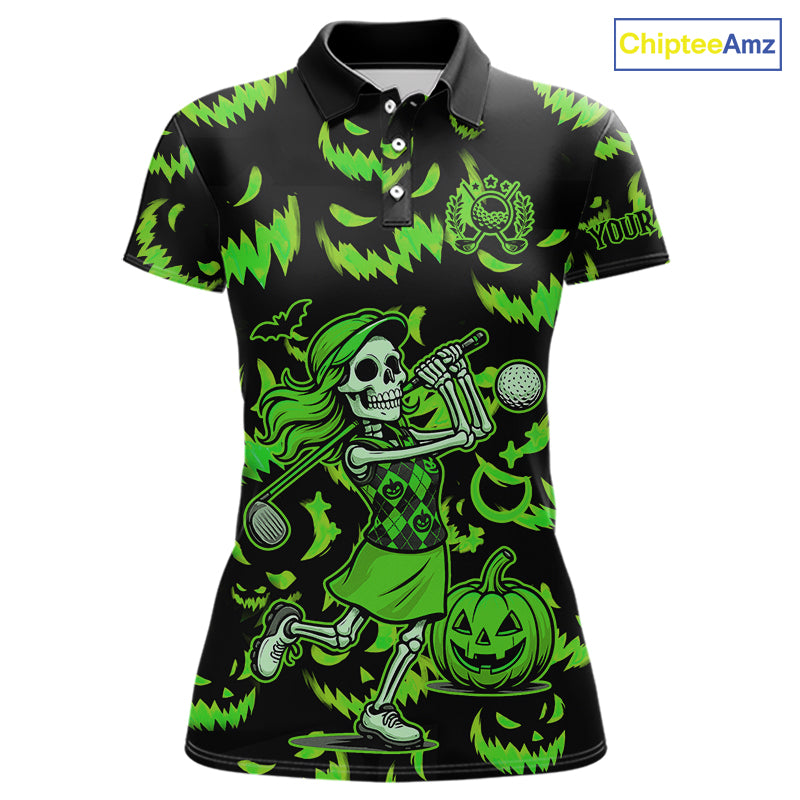 Green and Black Halloween Pattern Funny Skull Golf polo shirt for Women Custom Halloween golf top NQS10662
