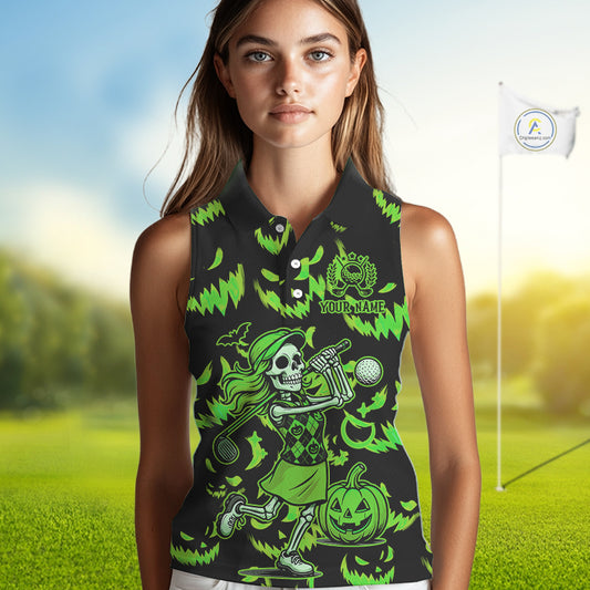 Green and Black Halloween Pattern Funny Skull Golf sleeveless polo shirt Custom Halloween golf top NQS10662