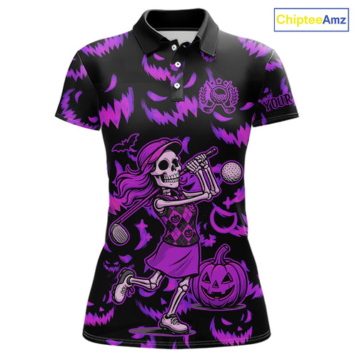 Purple and Black Halloween Pattern Funny Skull Golf polo shirt for Women Custom Halloween golf top NQS10663