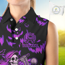 Load image into Gallery viewer, Purple and Black Halloween Pattern Funny Skull Golf sleeveless polo shirt Custom Halloween golf top NQS10663