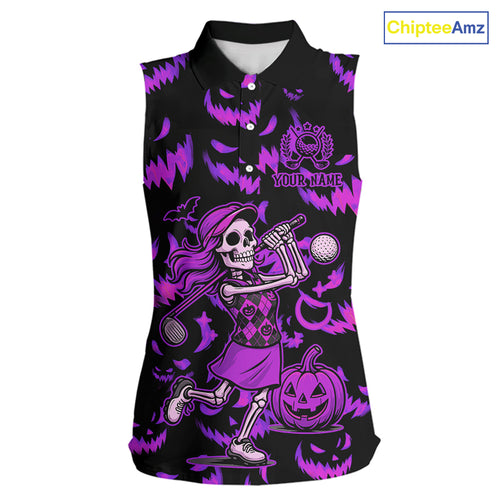 Purple and Black Halloween Pattern Funny Skull Golf sleeveless polo shirt Custom Halloween golf top NQS10663