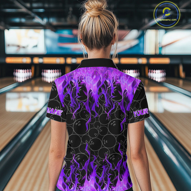 Black and Purple Flame camo Women bowling shirts Custom Flame Bowling Shirt Team Bowling Jersey NQS10666