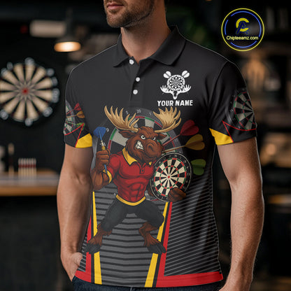 Black and Red Funny Moose Darts Polo, Quarter Zip Shirts For Men Custom Darts Team Jerseys NQS11065