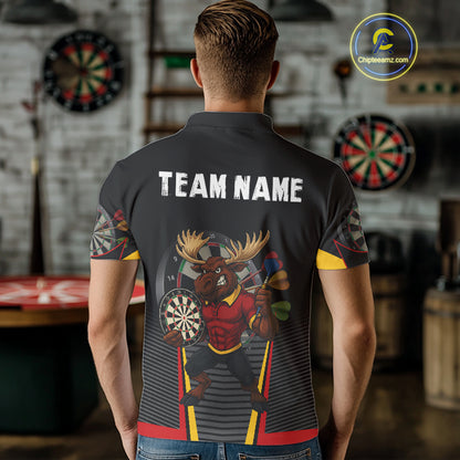 Black and Red Funny Moose Darts Polo, Quarter Zip Shirts For Men Custom Darts Team Jerseys NQS11065