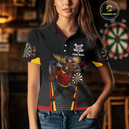 Black and Red Funny Moose Darts Polo, Quarter Zip Shirts For Women Custom Darts Team Jerseys NQS11065