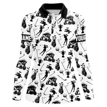 Load image into Gallery viewer, Black and White Golf icons pattern Womens Golf Polo Shirts custom female golf attire women golf gifts NQS9187