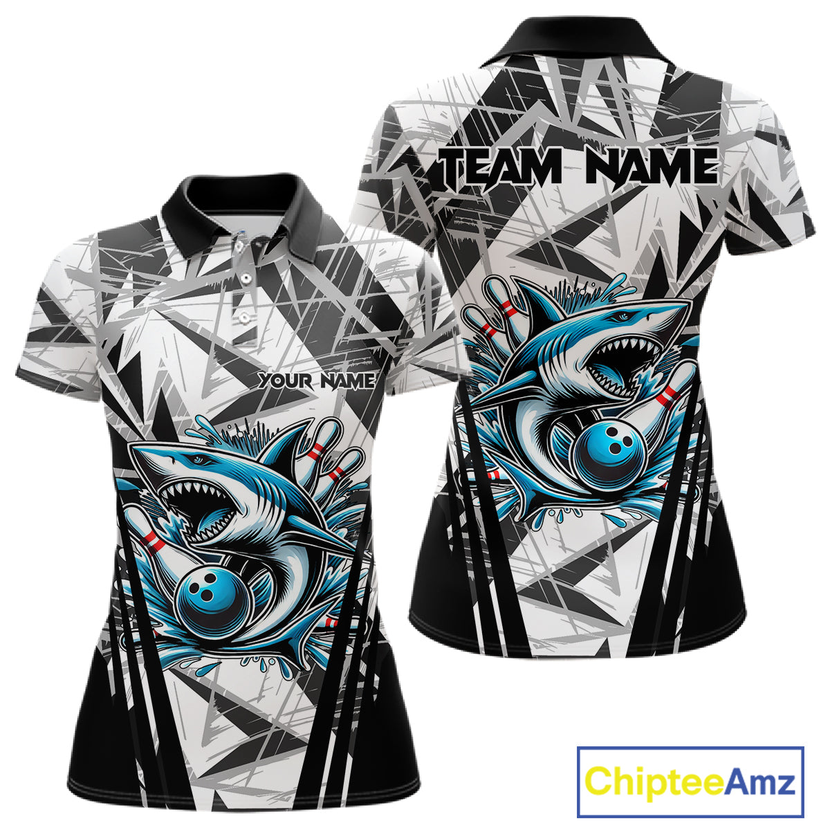 Black and White Camo Shark Bowling Team Shirt For Women Custom Shark Bowling Polo, Quarter Zip Shirt NQS11471