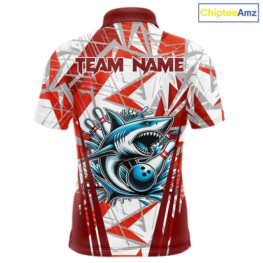 Red and White Camo Shark Bowling Team Shirts For Men Custom Shark Bowling Polo, Quarter Zip Shirt NQS11472
