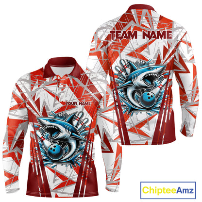 Red and White Camo Shark Bowling Team Shirts For Men Custom Shark Bowling Polo, Quarter Zip Shirt NQS11472