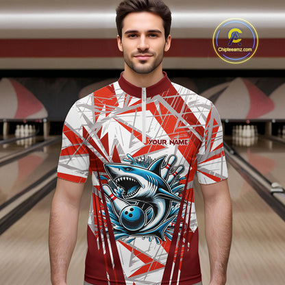 Red and White Camo Shark Bowling Team Shirts For Men Custom Shark Bowling Polo, Quarter Zip Shirt NQS11472