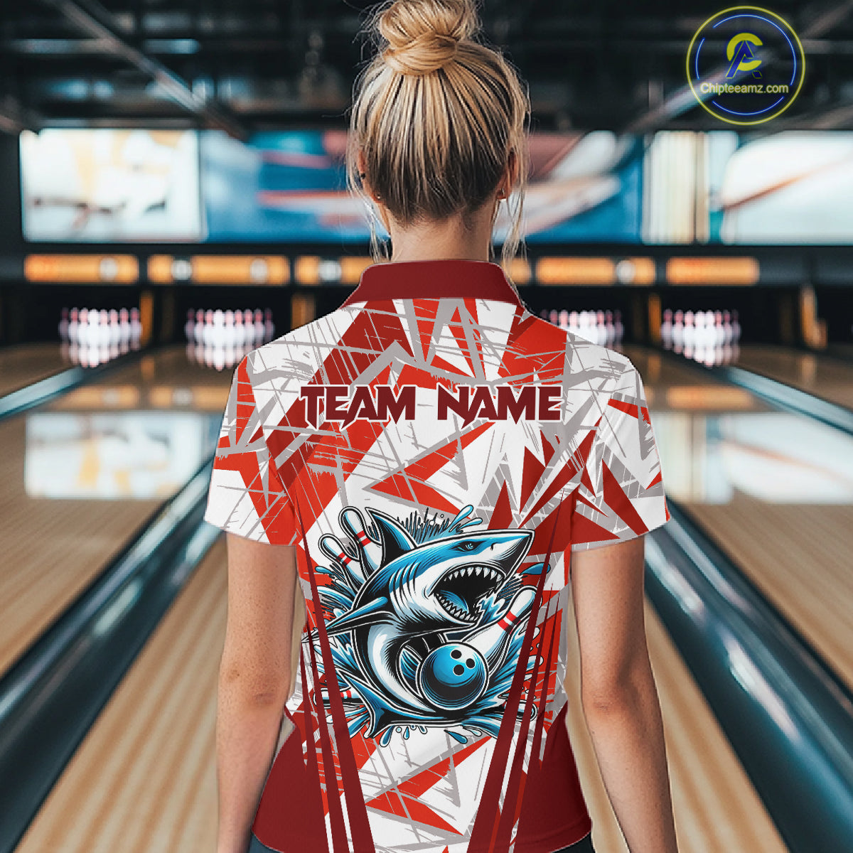 Red and White Camo Shark Bowling Team Shirt For Women Custom Shark Bowling Polo, Quarter Zip Shirt NQS11472