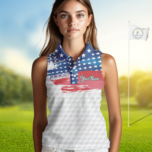 Personalized Red, White and Blue American Flag Women sleeveless polo shirt, patriotic ladies golf tops NQS9550