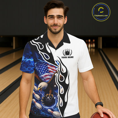 Blue Lightning Thunder American Flag Eagle Bowling Hawaiian shirt Custom Patriotic Team Bowler Jersey NQS11658
