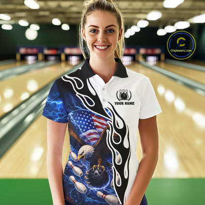 Blue Lightning Thunder American Flag Eagle Women Bowling shirts Custom Patriotic Team bowling Jersey NQS11658