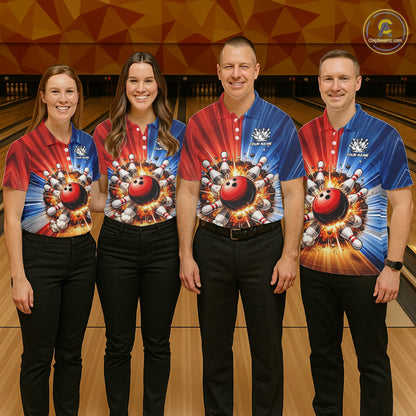Funny Bowling Boom Polo, 1/4 Zip Shirt For Men Custom Red, White and Blue Team Bowler Jerseys NQS11660