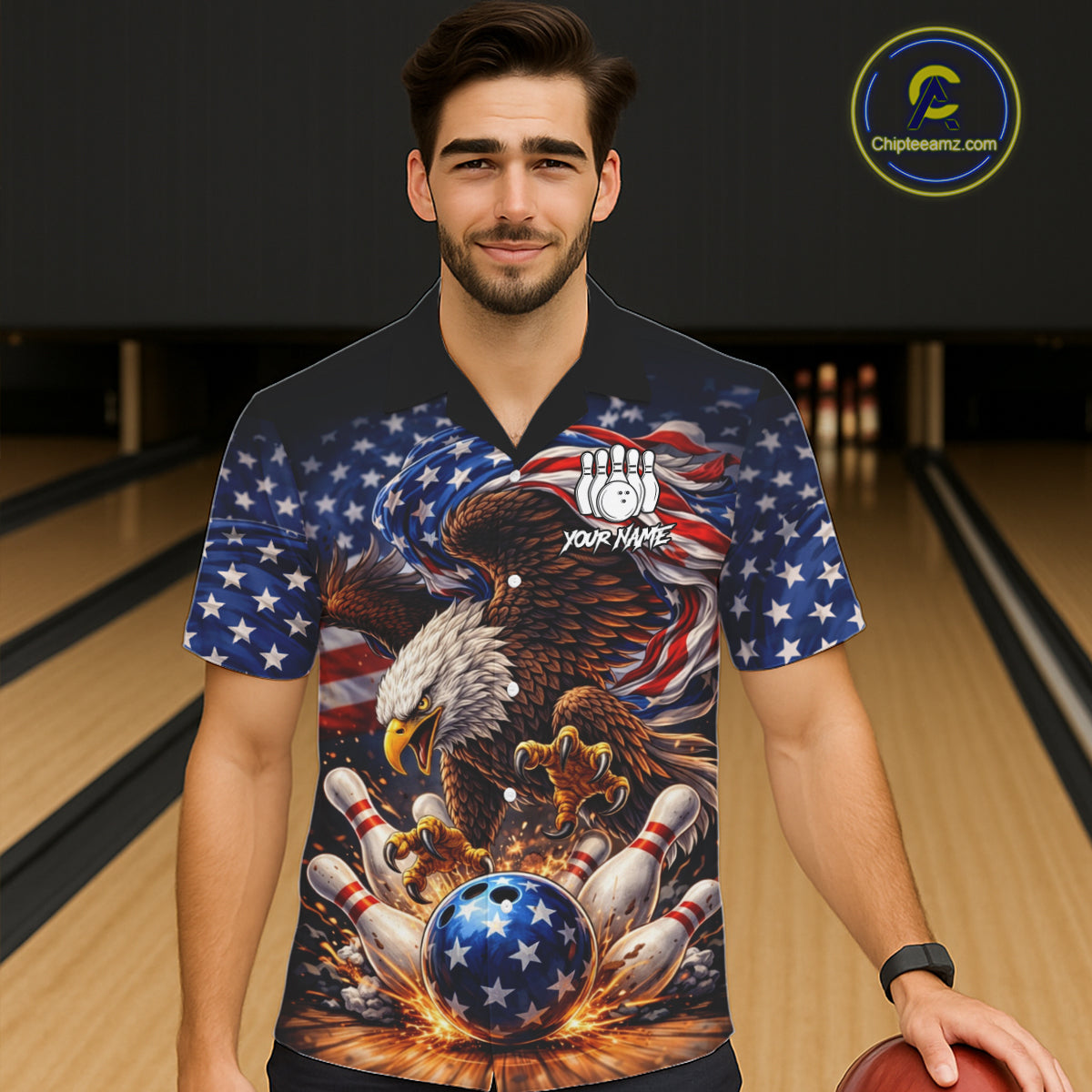 American Flag Flame Eagle Bowling Hawaiian Shirt Custom Patriotic Bowling Team Jersey NQS11748
