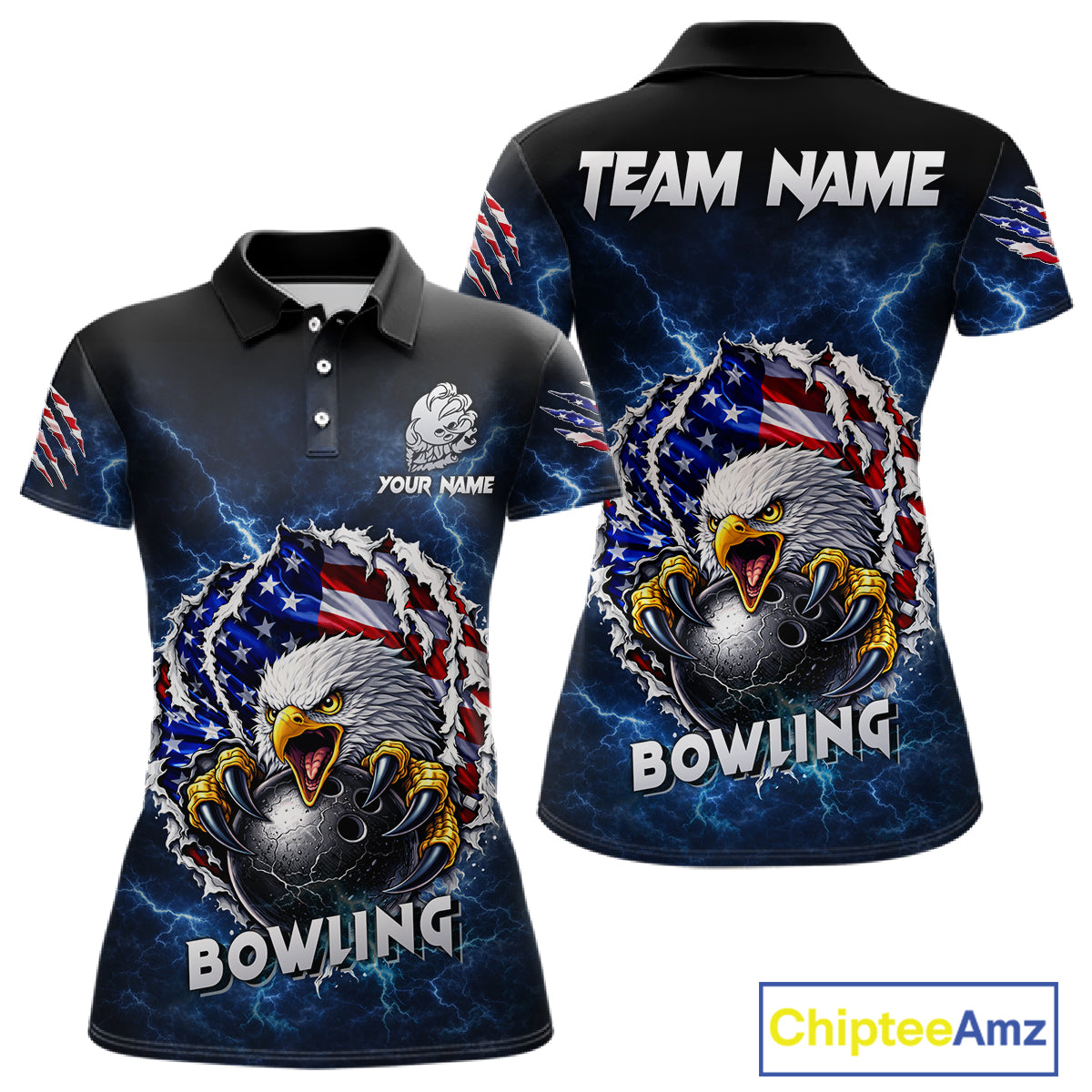 Blue Lightning Thunder US Flag Eagle Bowling Shirts For Women Custom Patriotic Bowling Team Jerseys NQS11749