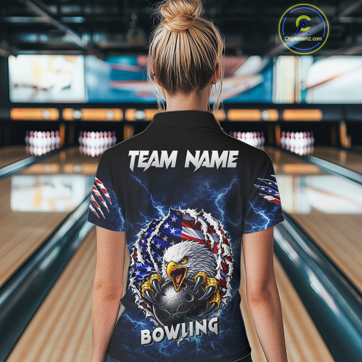 Blue Lightning Thunder US Flag Eagle Bowling Shirts For Women Custom Patriotic Bowling Team Jerseys NQS11749