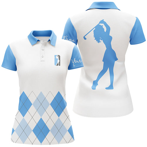 Womens golf polo shirt custom blue and white argyle plaid golf top for ladies NQS5256