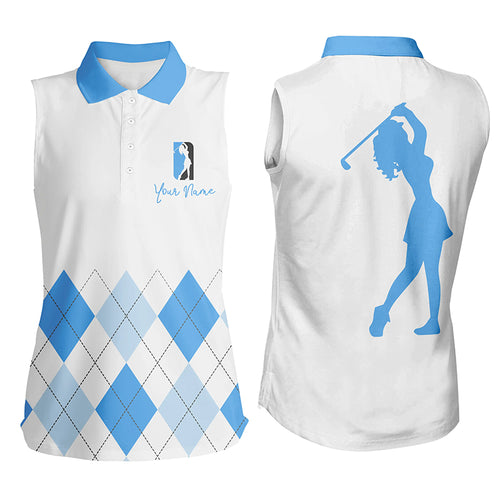 Women sleeveless polo shirt custom blue and white argyle plaid golf top for ladies NQS5256