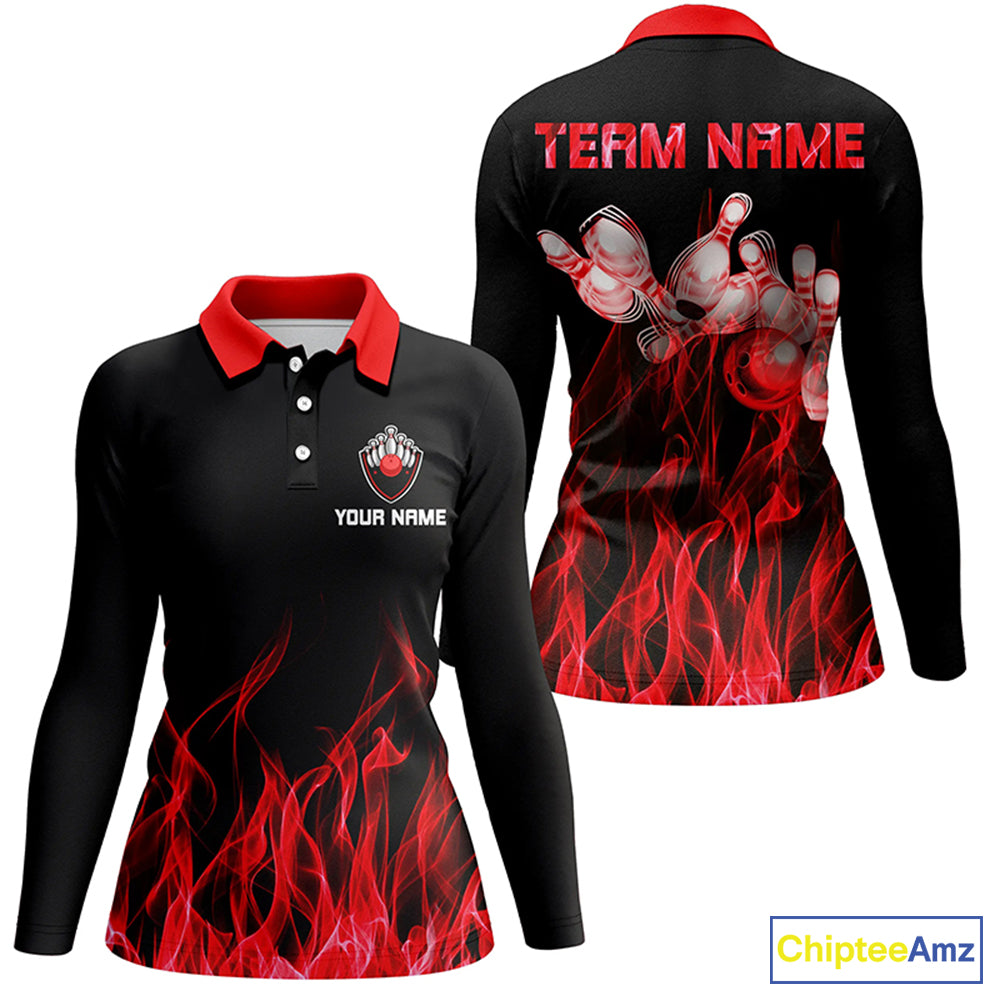 Red personalized bowling shirt for women – custom name design side view
