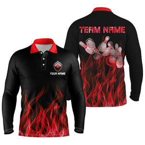 Personalized Men polo Bowling Shirt Red Flame Bowling Ball and Pins bowling jerseys for men Bowler NQS5488