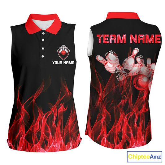 Custom Red sleeveless bowling shirt for women – personalized team jersey front view