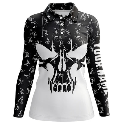 Black and white Womens golf polo shirts custom funny skull golf pattern shirts for ladies, golf gifts NQS5750