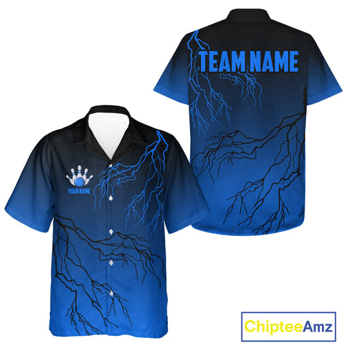 Black and Blue gradient Lightning thunder storm Bowling Hawaiian Shirt Custom Bowling button up shirt NQS10135