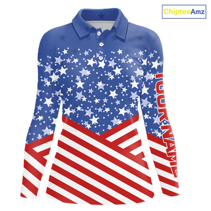 Red, White and Blue Women golf polo shirts Custom American Flag patriotic Golf attire for ladies NQS10137