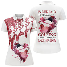 Load image into Gallery viewer, Women golf polo shirts pink glitter flamingo custom weekend forecast golfing with a chance of drinking NQS5957