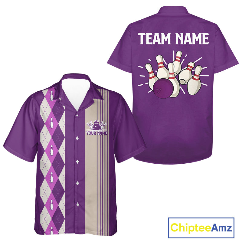 Retro Purple argyle pattern Bowling Hawaiian shirt custom bowling team jerseys Bowler Outfits NQS10275