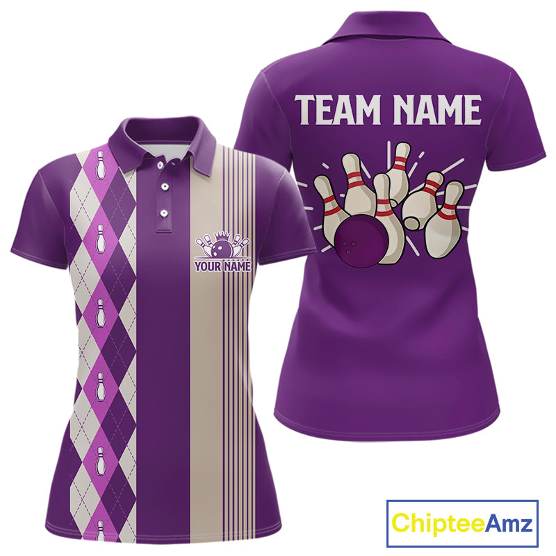Retro Purple argyle pattern Bowling shirts For Women custom bowling team jerseys Bowler Outfits NQS10275