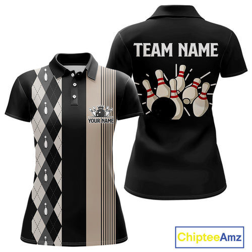 Retro Black argyle pattern Bowling shirts For Women custom bowling team jerseys Bowler Outfits NQS10276