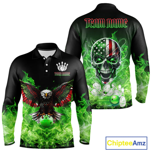 Green Flame Smoke American Flag Eagle Skull Mens Bowling Shirts Custom Patriotic Bowling Team Jersey NQS10278