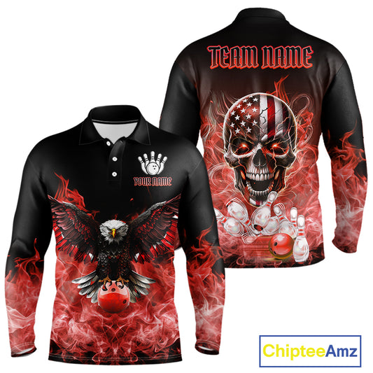 Red Flame Smoke American Flag Eagle Skull Mens Bowling Shirts Custom Patriotic Bowling Team Jersey NQS10279