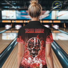 Load image into Gallery viewer, Red Flame Smoke American Flag Eagle Skull Women Bowling Shirts Custom Patriotic Bowling Team Jersey NQS10279