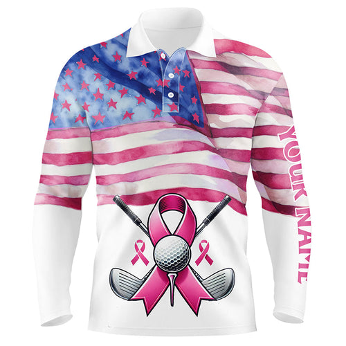 Pink ribbon American Flag Men golf polo shirts custom Breast Cancer awareness golf shirts NQS8279