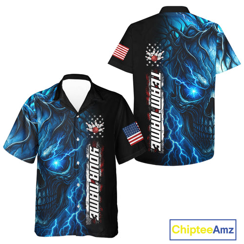 Custom Blue Lightning thunder Skull American Flag Patriotic Bowling Hawaiian Shirt, Gift For Bowlers NQS10463
