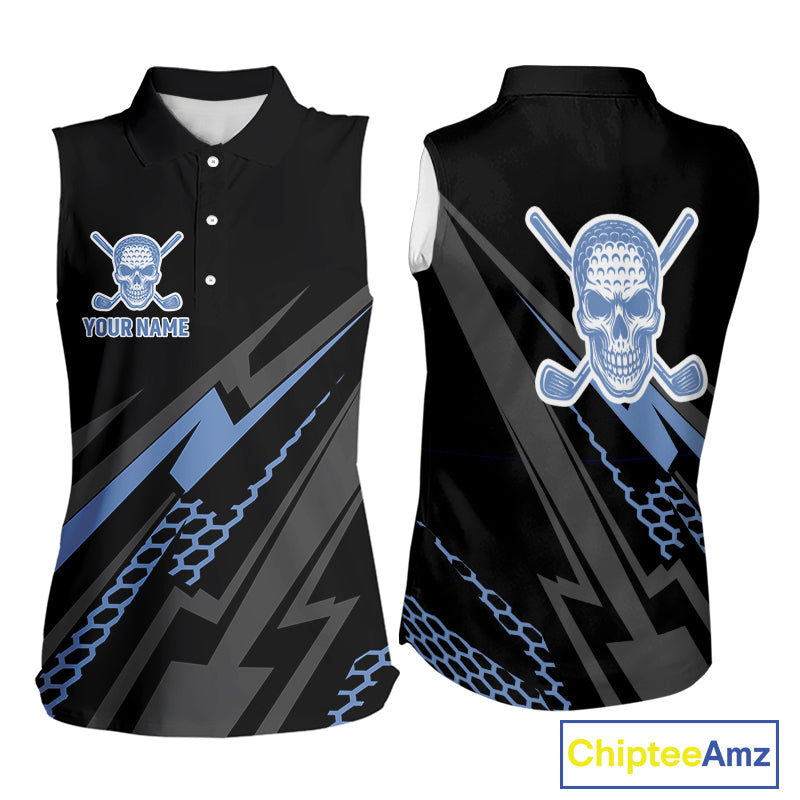 Black and Blue Skull Sleeveless Golf polo shirts Custom Ladies golf tops, Personalized golf gifts NQS10467