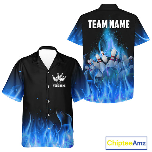 Personalized Hawaiian Bowling Shirt Blue flame Bowling Ball Pins Team bowling jerseys for Bowler NQS10471