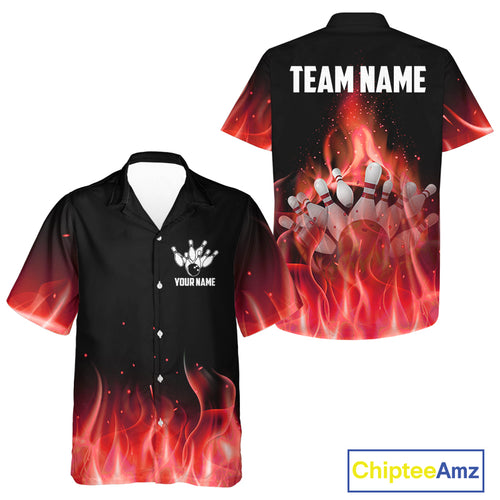 Personalized Hawaiian Bowling Shirt Red flame Bowling Ball Pins Team bowling jerseys for Bowler NQS10473