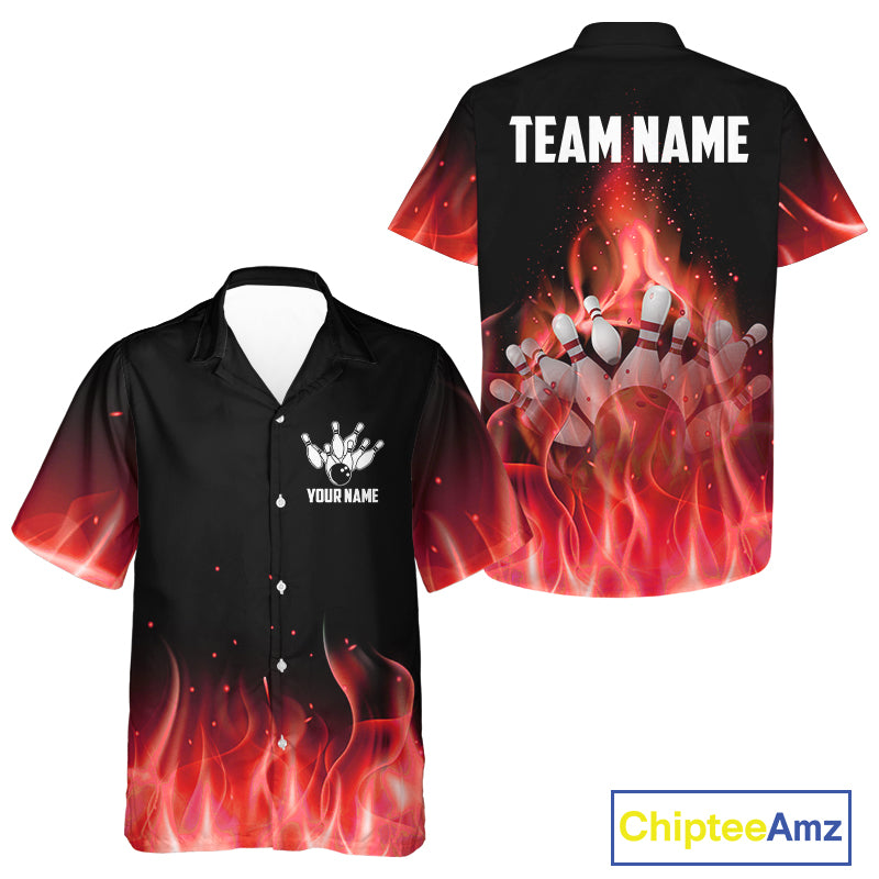 Personalized Hawaiian Bowling Shirt Red flame Bowling Ball Pins Team bowling jerseys for Bowler NQS10473