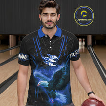 Load image into Gallery viewer, Black and Blue Flame Eagle Bowling Shirt For Men Custom Team Name Bowling Jerseys For Bowlers NQS10673