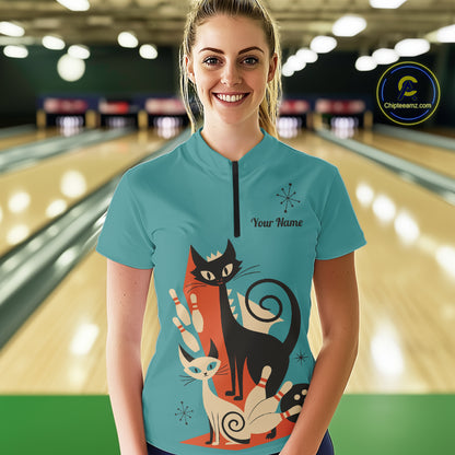 Custom retro bowling shirts Cats Bowling jersey for Women Team Bowling Polo, 1/4 Zip Shirts | Blue NQS11072