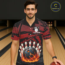 Load image into Gallery viewer, Black and Red pattern Flame Bowling Hawaiian Shirt Custom Team Bowling Button up shirt NQS11277