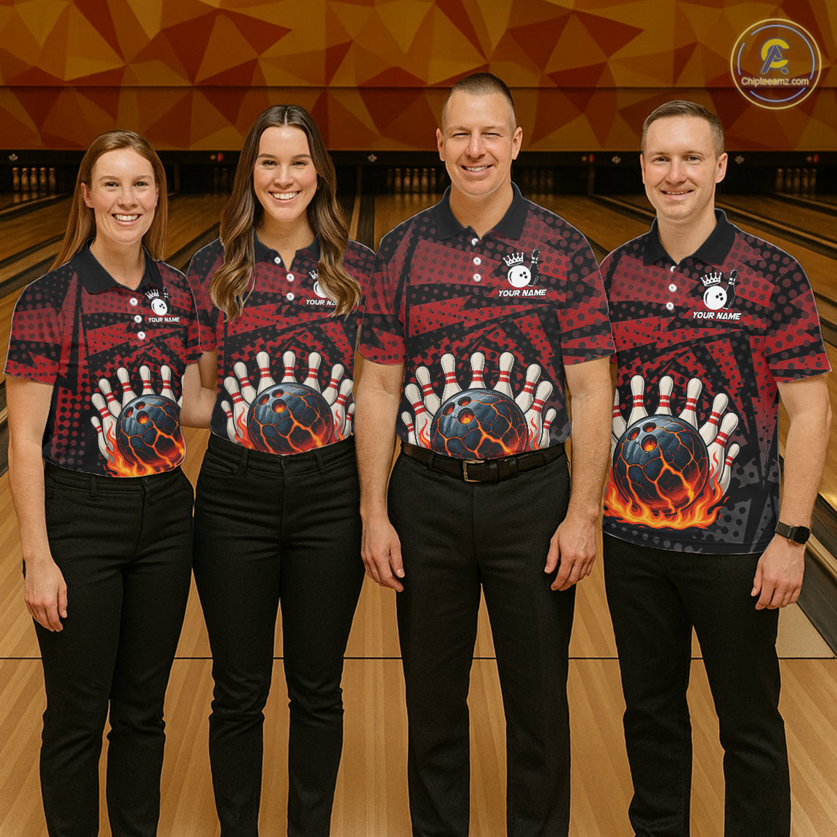 Black and Red pattern Flame Bowling Polo, 1/4 zip shirts For Women Custom Team Bowling Jerseys NQS11277