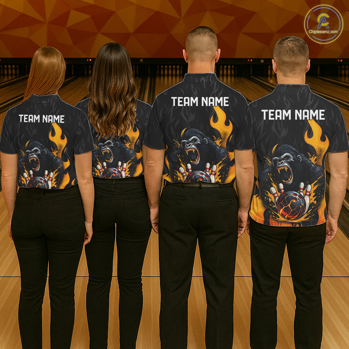 Black and Orange Flame Gorilla Bowling shirts For Women Custom Gorilla Team Bowling Jerseys NQS11279